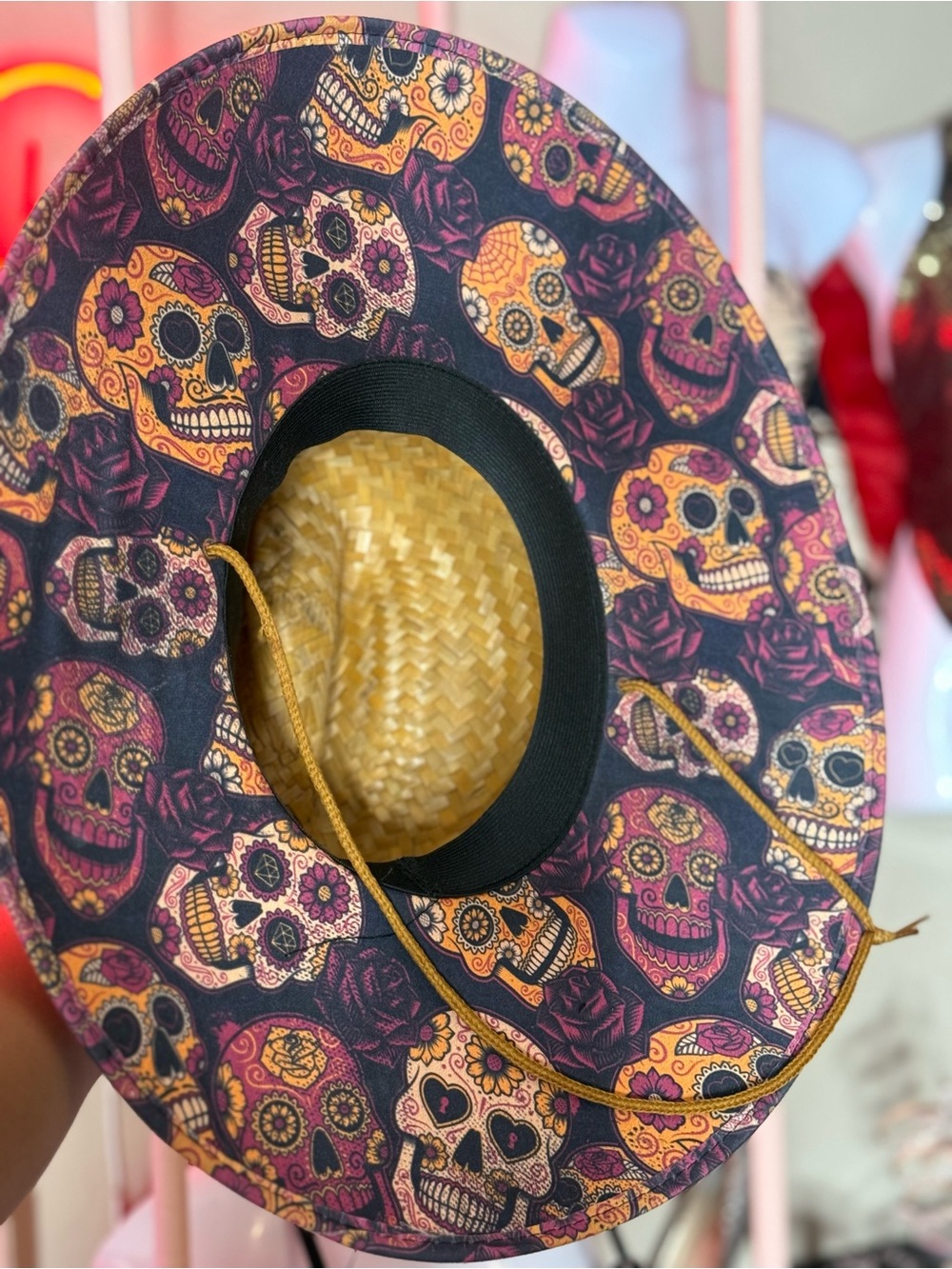 Day of the Dead Skull Print Straw Sun Hat - Black & Pink Accents sombrero